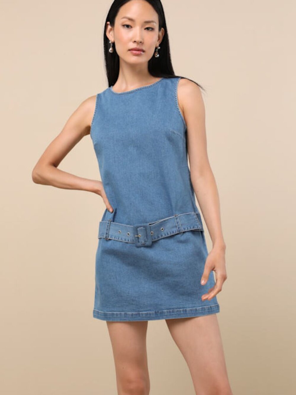Lulus Kimberly Blue Chambray Belted Mini Dress - Size XL